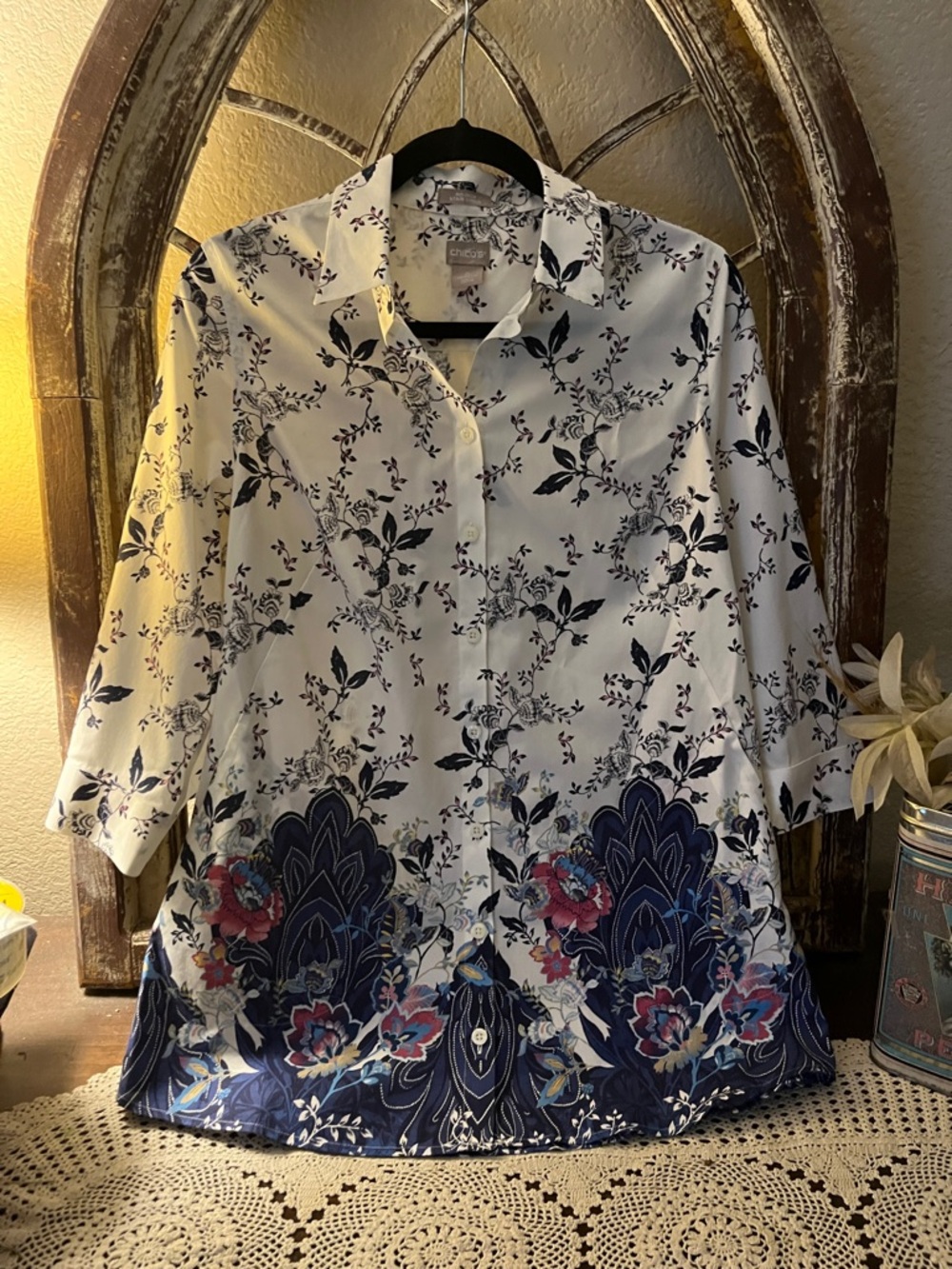 Chico's Cream Blouse with Navy and Pink Floral Print,Size 0